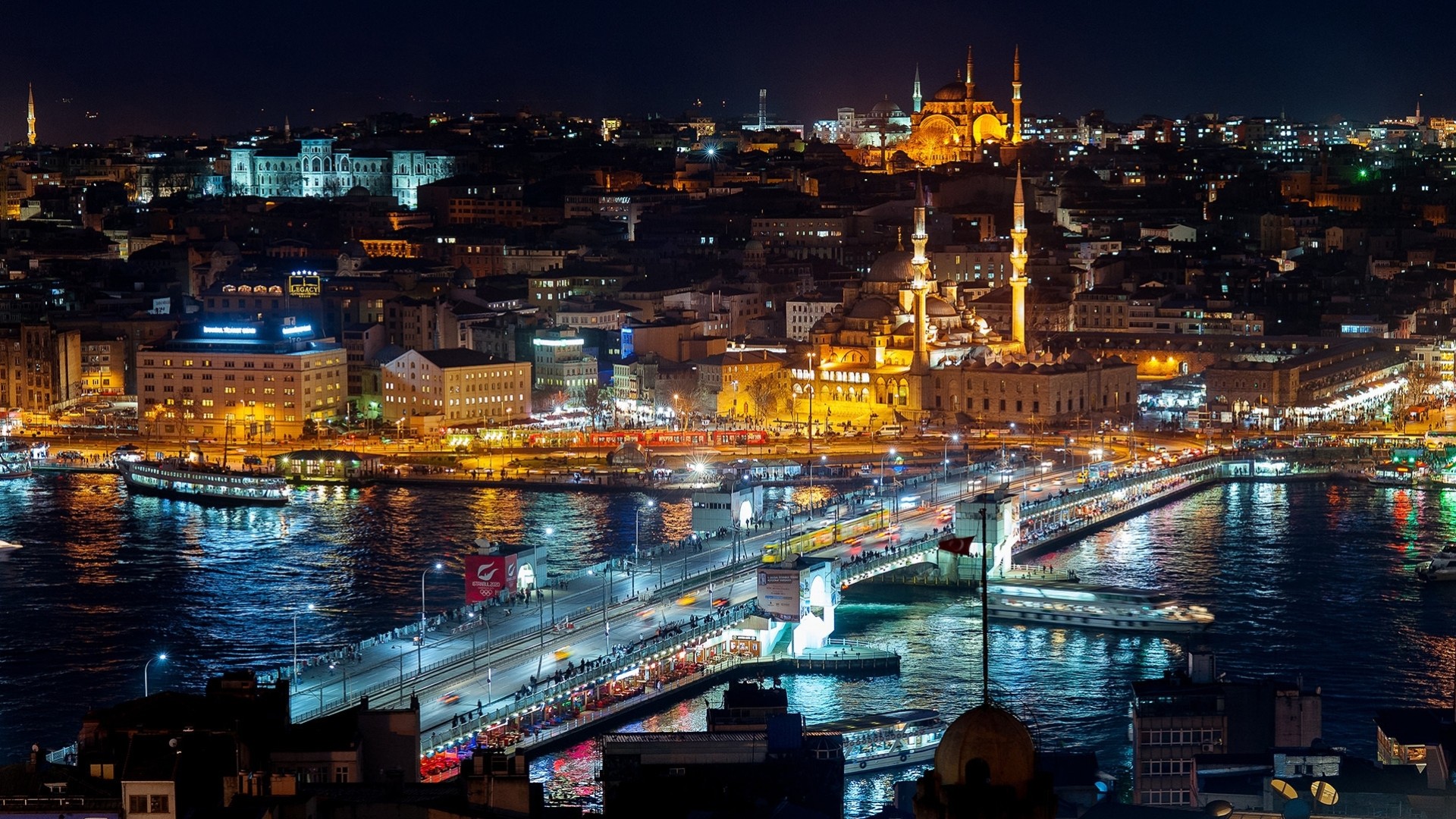 luces mezquita paisaje noche estambul bósforo ciudad agua luz turquía torre de gálata movimiento