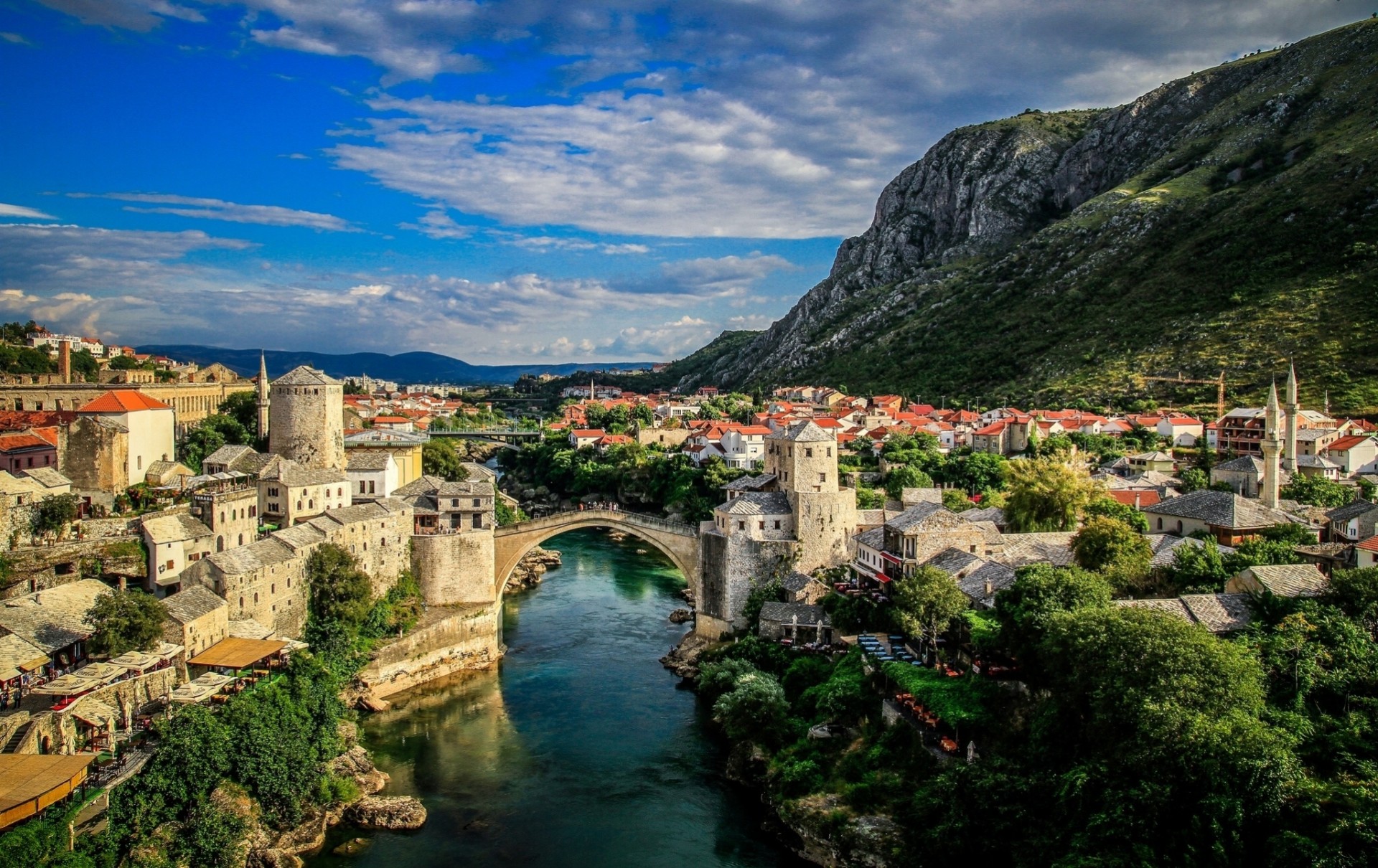 bosnia and herzegovina old bridge landscape river bridge panorama river neretva mountain mostar