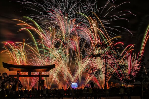 Festive fireworks on the background of the Japanese night sky