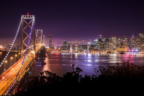 Vivid image of the night bridge and the city