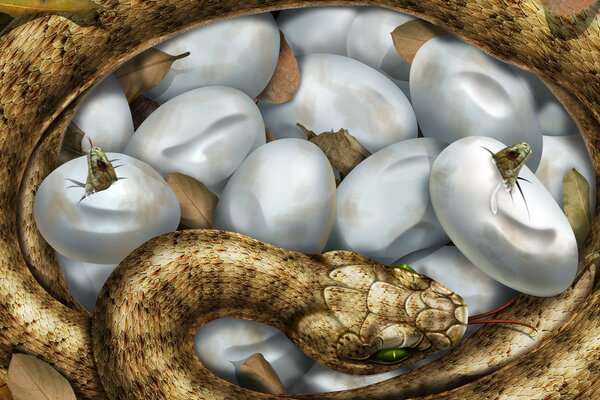 In the drawing, the snake guards its eggs