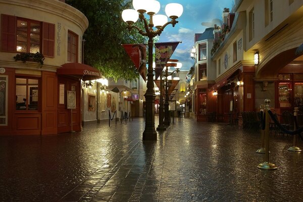 Rue de la ville de nuit après la pluie