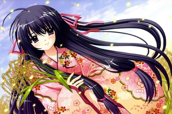 Kimono japonés, cabello largo y ojos morados
