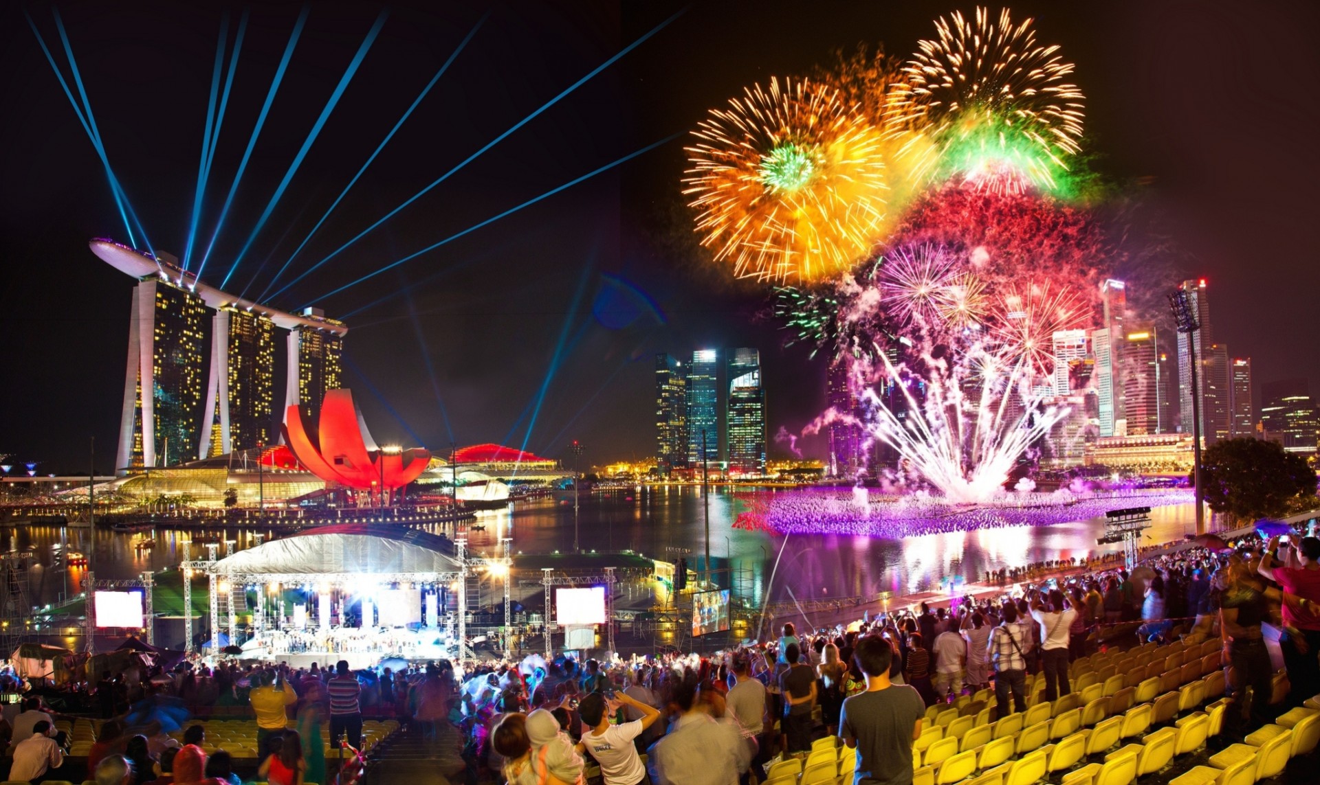 ciudad fuegos artificiales noche contornos singapur