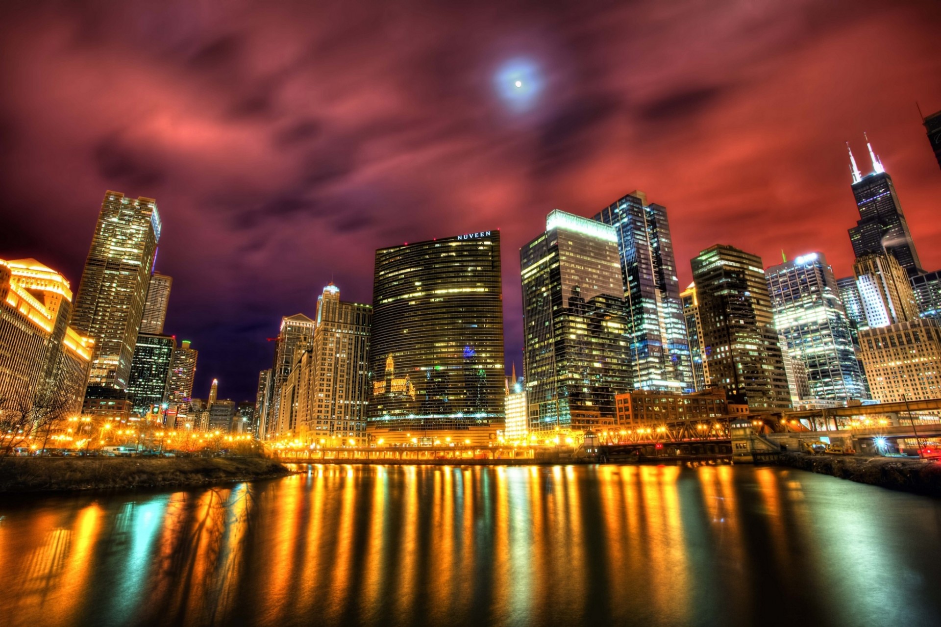 lumières chicago ville nuit rivière rivière du nord côte réflexion usa arbres gratte-ciel illinois ombres bâtiment llinois lumière maisons