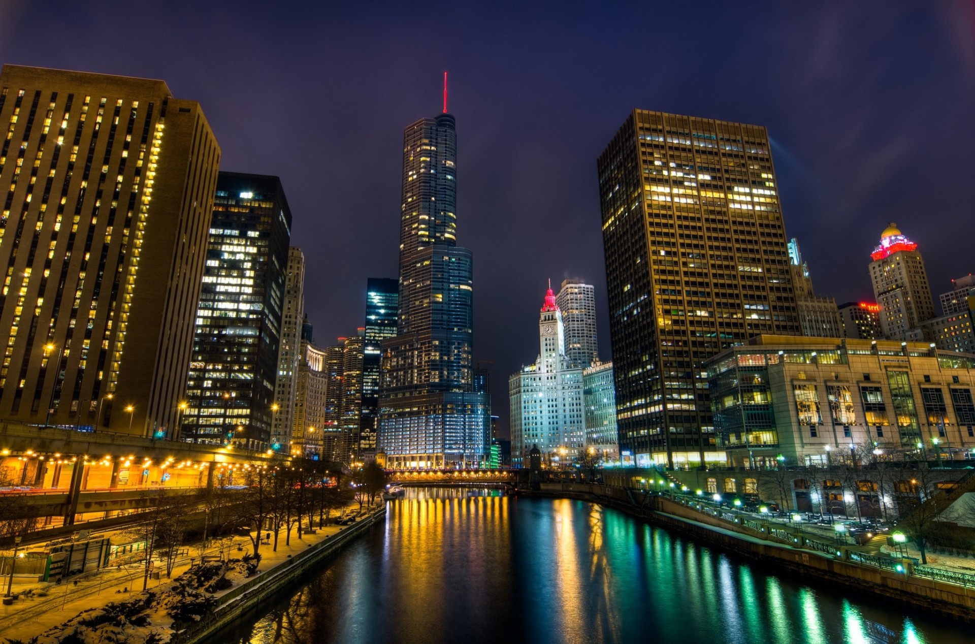 luces chicago ciudad noche río árboles estados unidos illinois rascacielos luz cielo edificio iluminación puente