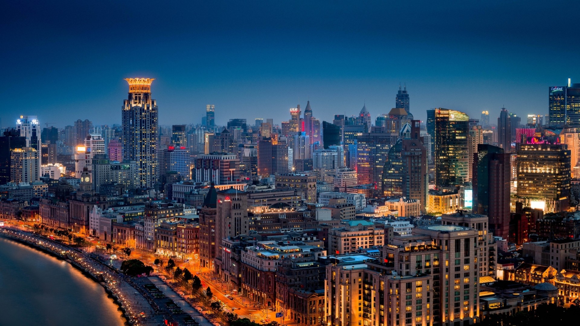 china shanghai panorama gebäude huangpu nachtstadt promenade