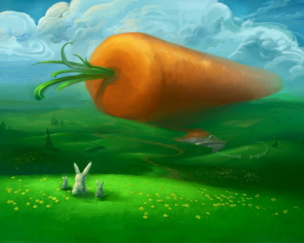 carrot rabbits green hills picture