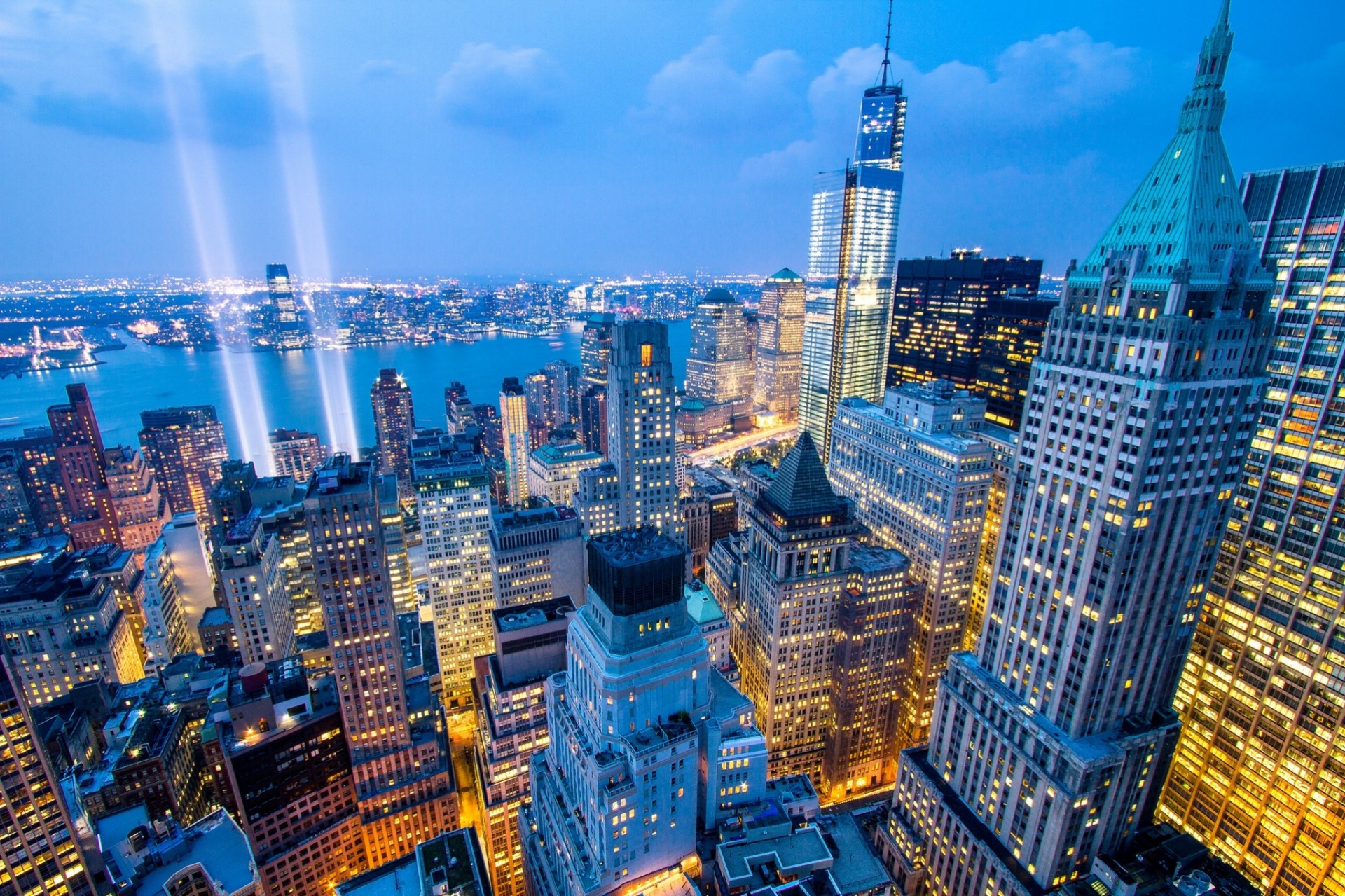 fiume new york grattacieli panorama costruzione raggi città di notte