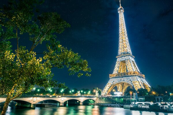 Hermosa vista de la torre Eiffel y el puente de París