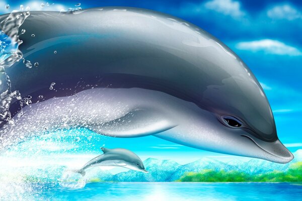 Рисунок двух дельфинов в прыжке