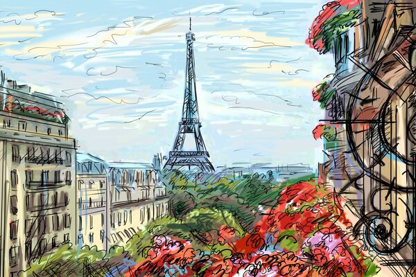 Zeichnung von Paris mit Blumen, Häusern und einem Eiffelturm auf einem Hintergrund von Wolken