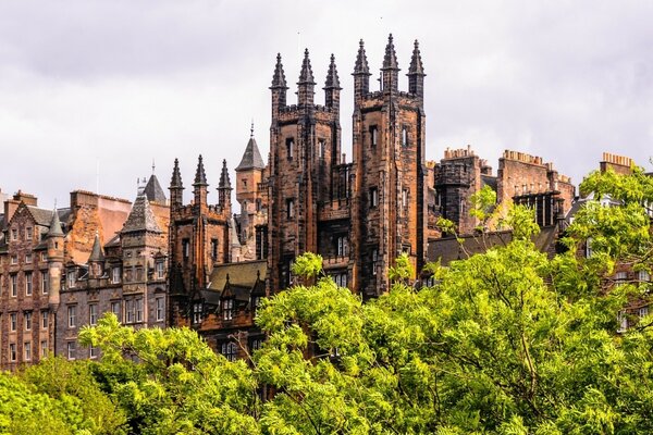 Landscape on the background of buildings and trees in Scotland