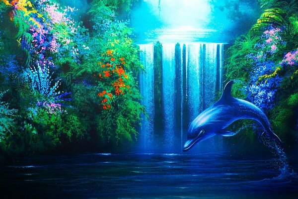 Fantasy image of a dolphin on the background of nature with a waterfall