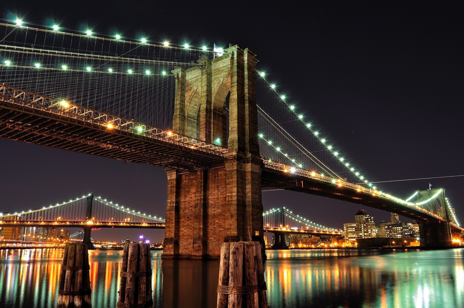 east river lights manhattan river brooklyn new york united states bridge town night brooklyn bridge manhattan bridge