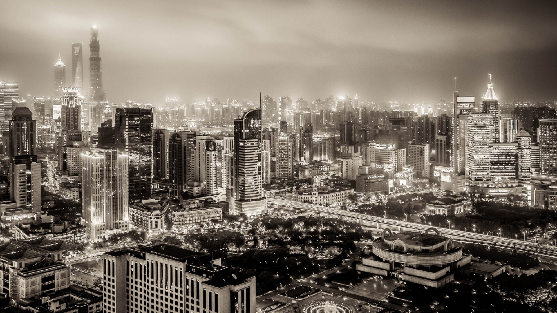 in bianco e nero cina shanghai panorama costruzione huangpu città di notte