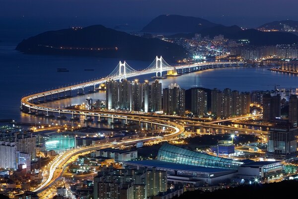 Знаменитый мост в корейском городе Пусан. Ночь и яркие огни