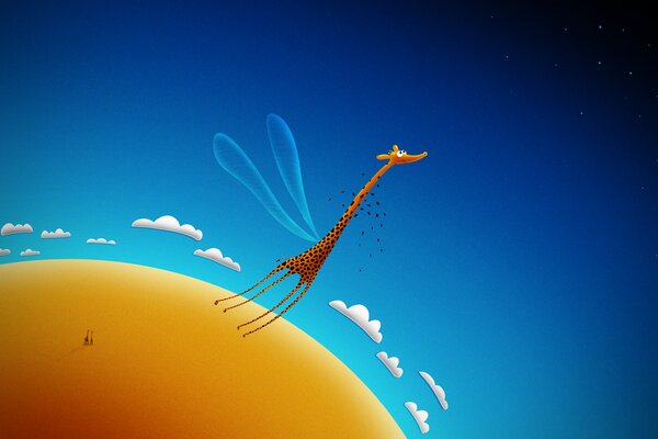 A giraffe with wings flies among the clouds