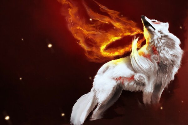A white wolf and a ring of fire on a dark red background