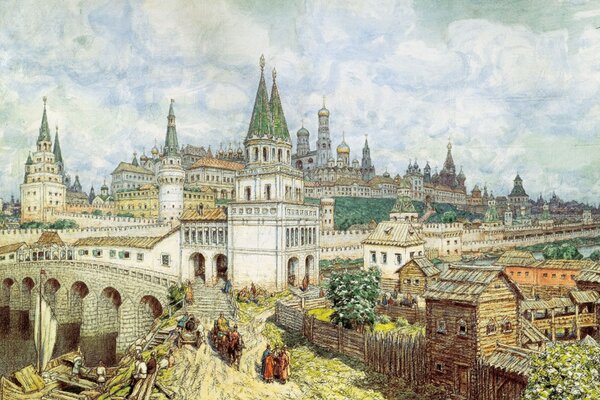 Obraz starożytnej rosyjskiej starożytności, kamienne miasto na tle domów z bali