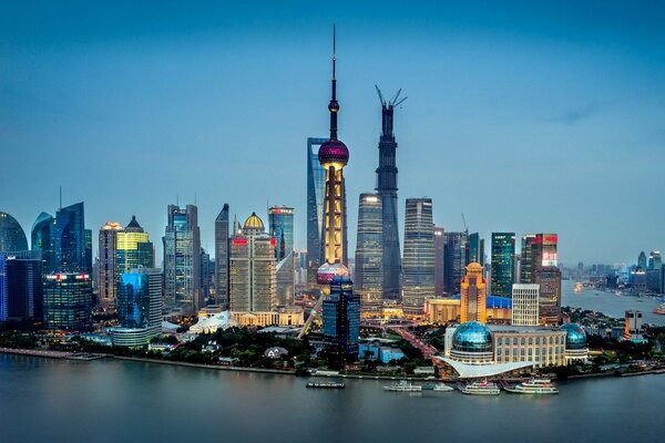 The island of skyscrapers of Shanghai at night