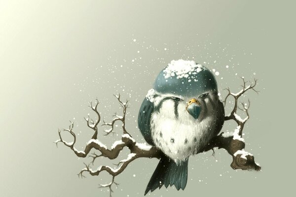 Drawing of a bullfinch on a snow-covered branch with snow on its head