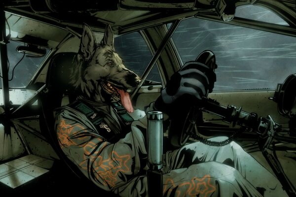 Der Fahrer sitzt mit dem Kopf eines Hundes am Steuer eines Autos