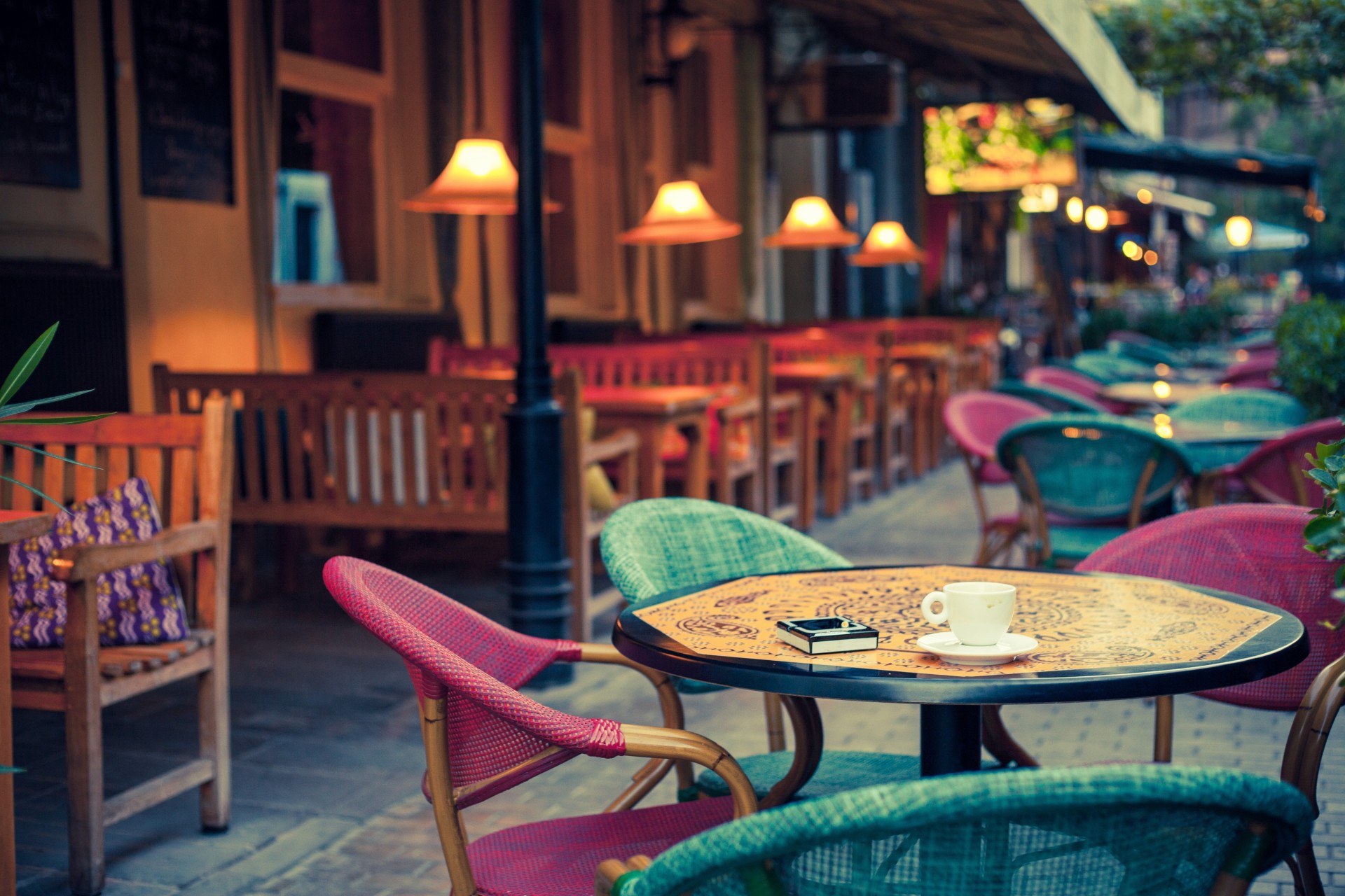 terrace tables street bulbs chairs town