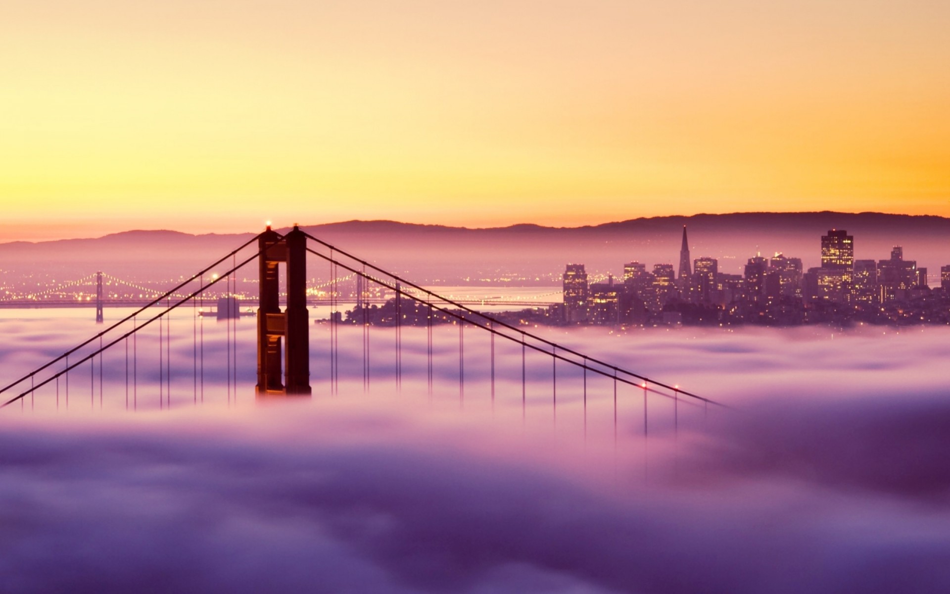 lumières coucher de soleil pont brouillard bâtiment san francisco