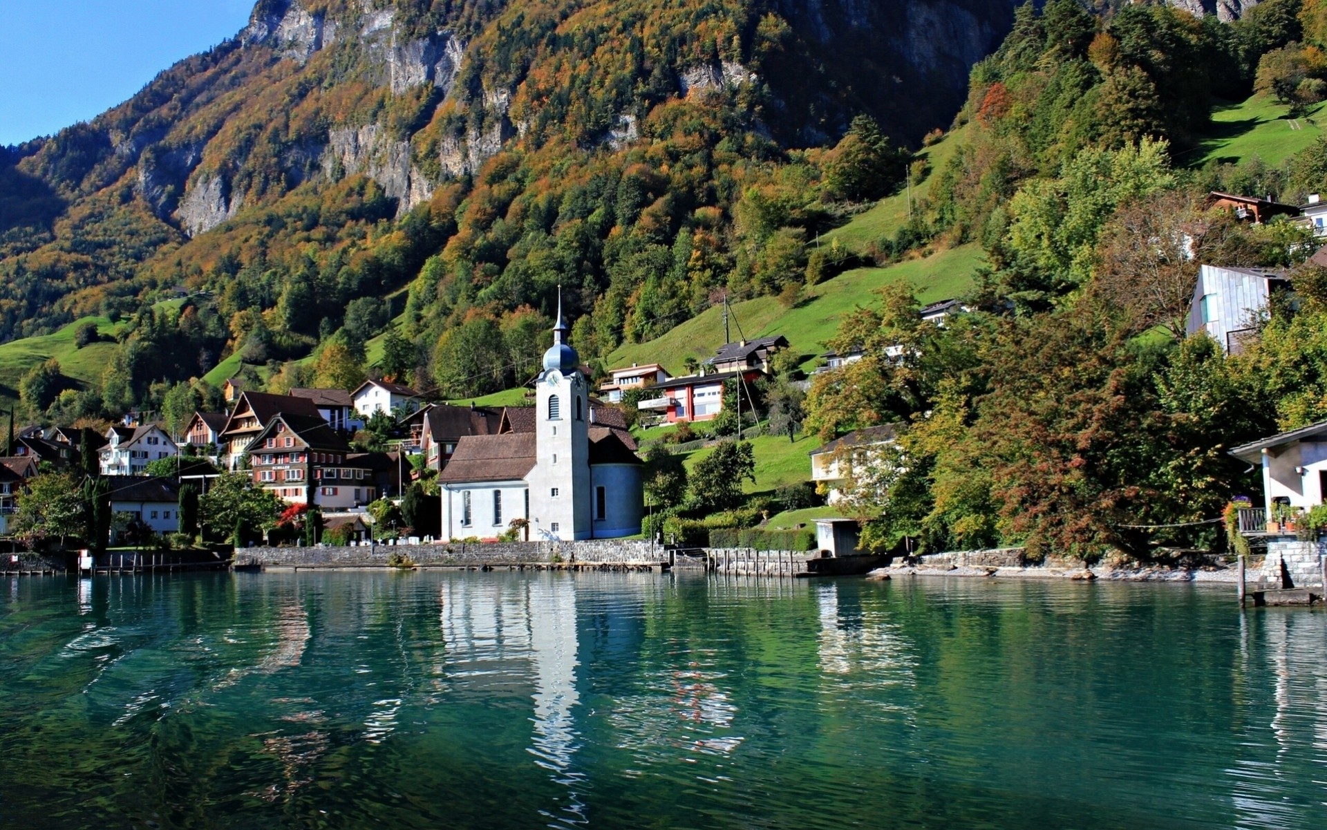 church landscape switzerland lake mountain