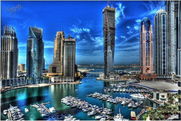 Dubai on a bright blue sky background