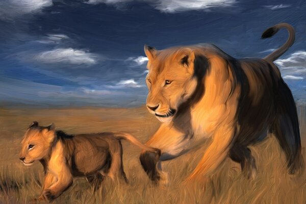 Leona con leones corriendo por la Sabana