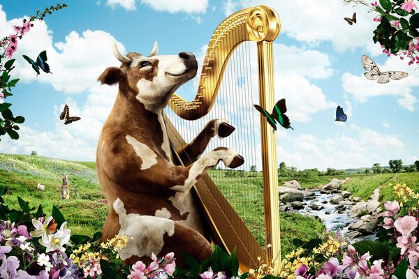 Image of a cow playing a harp in nature