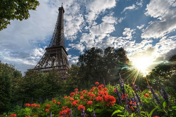 Eiffel Tower in the sky with clouds