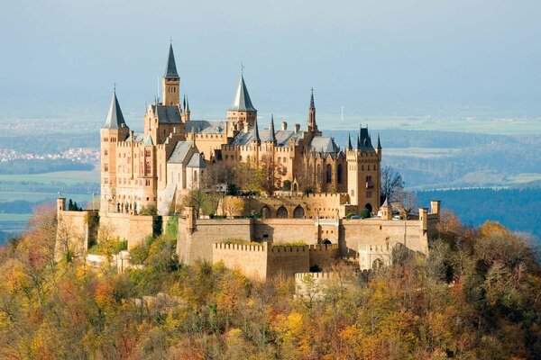 Ein altes Schloss auf einem hohen Berg, der mit Wald bewachsen ist