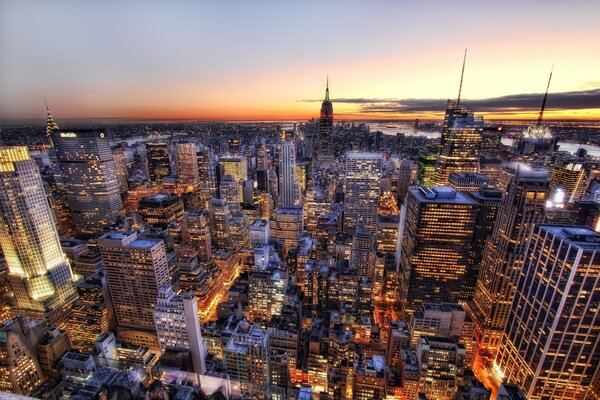 New York City view from above at sunset