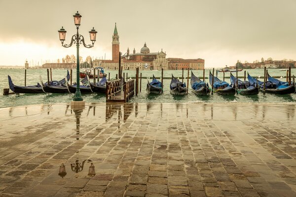 Góndolas venecianas en la orilla del paseo marítimo