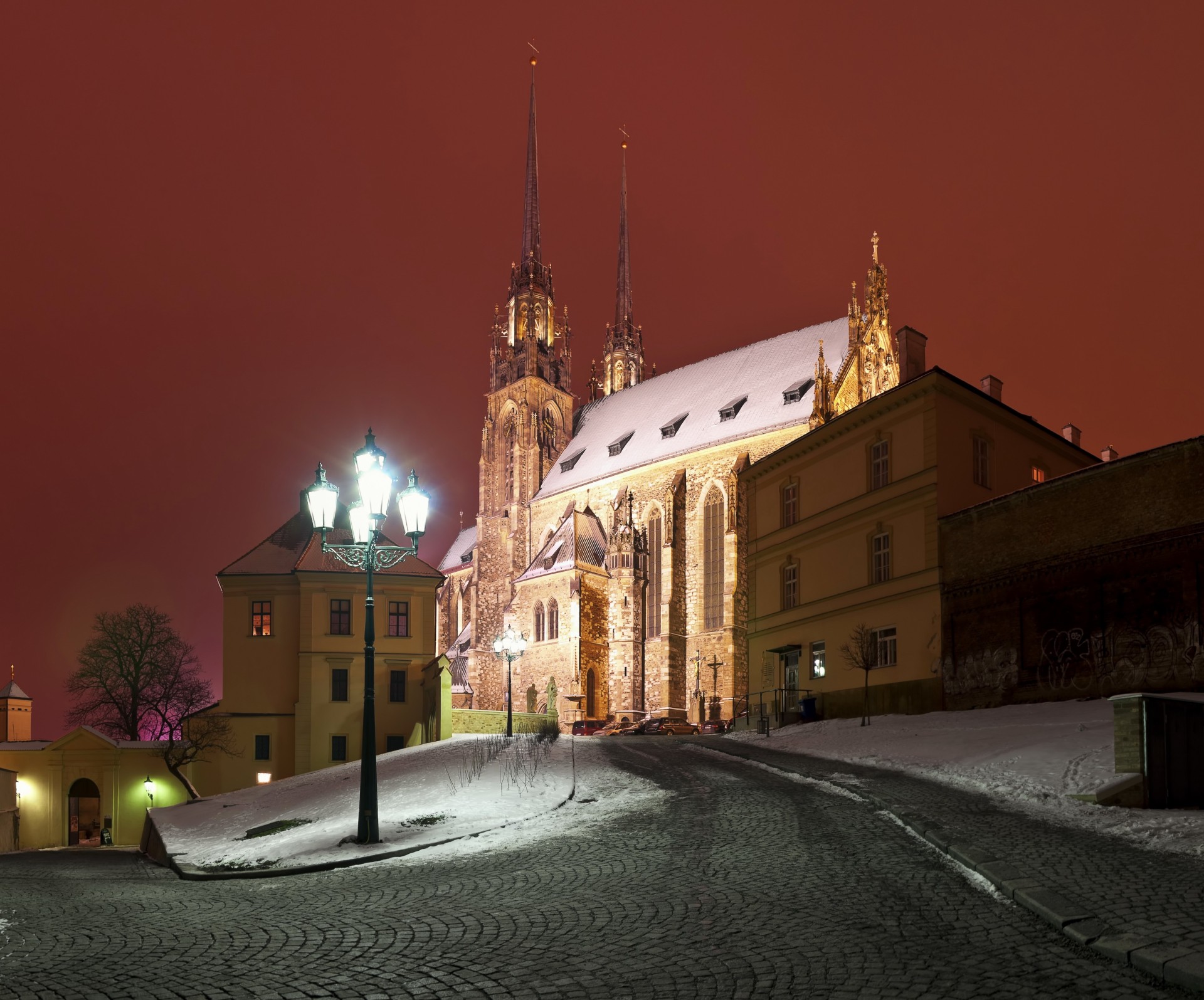 night town street road light czech republic