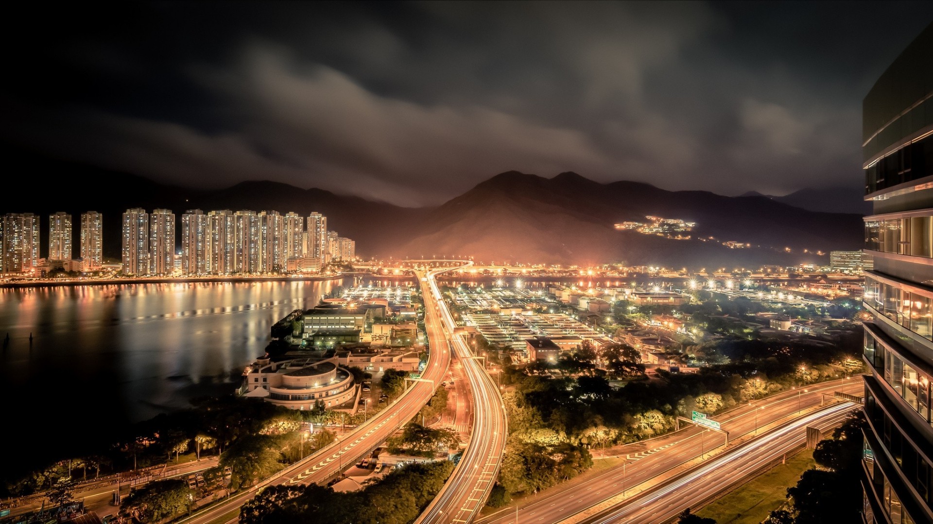 lichter fluss hongkong china panorama nachtstadt berge straße