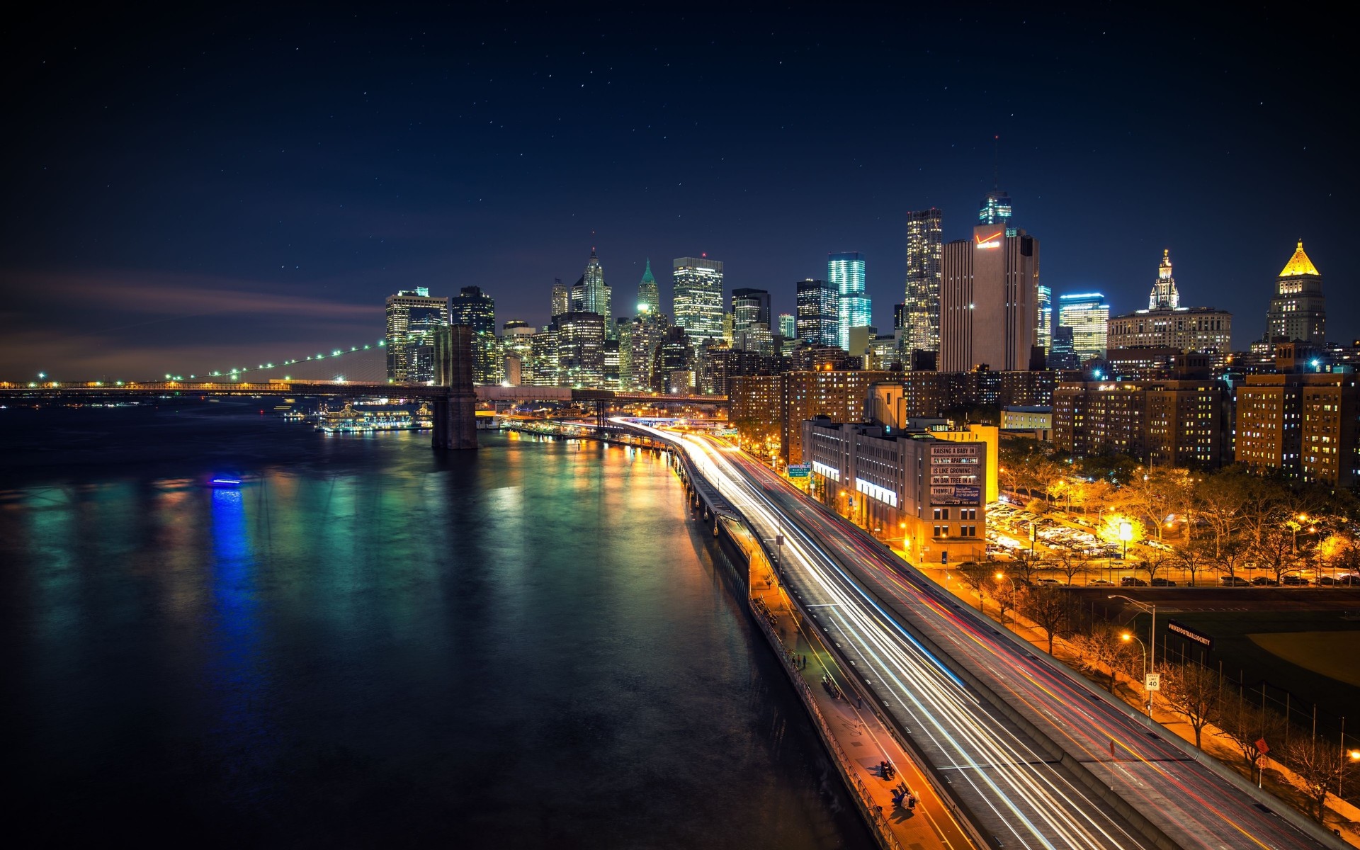 east river lower manhattan nueva york rascacielos puente de manhattan carretera manhattan ciudad nocturna paseo marítimo