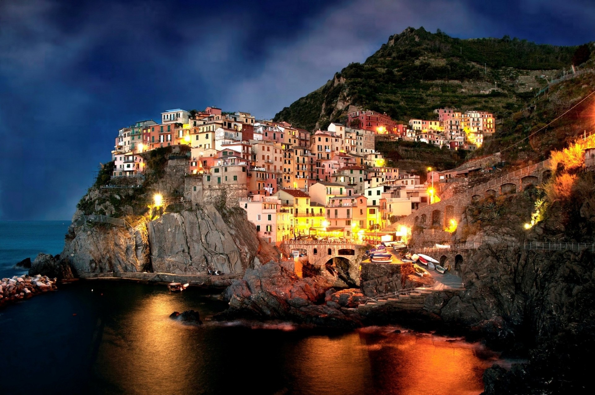 italy amalfi night coast town boat rock house