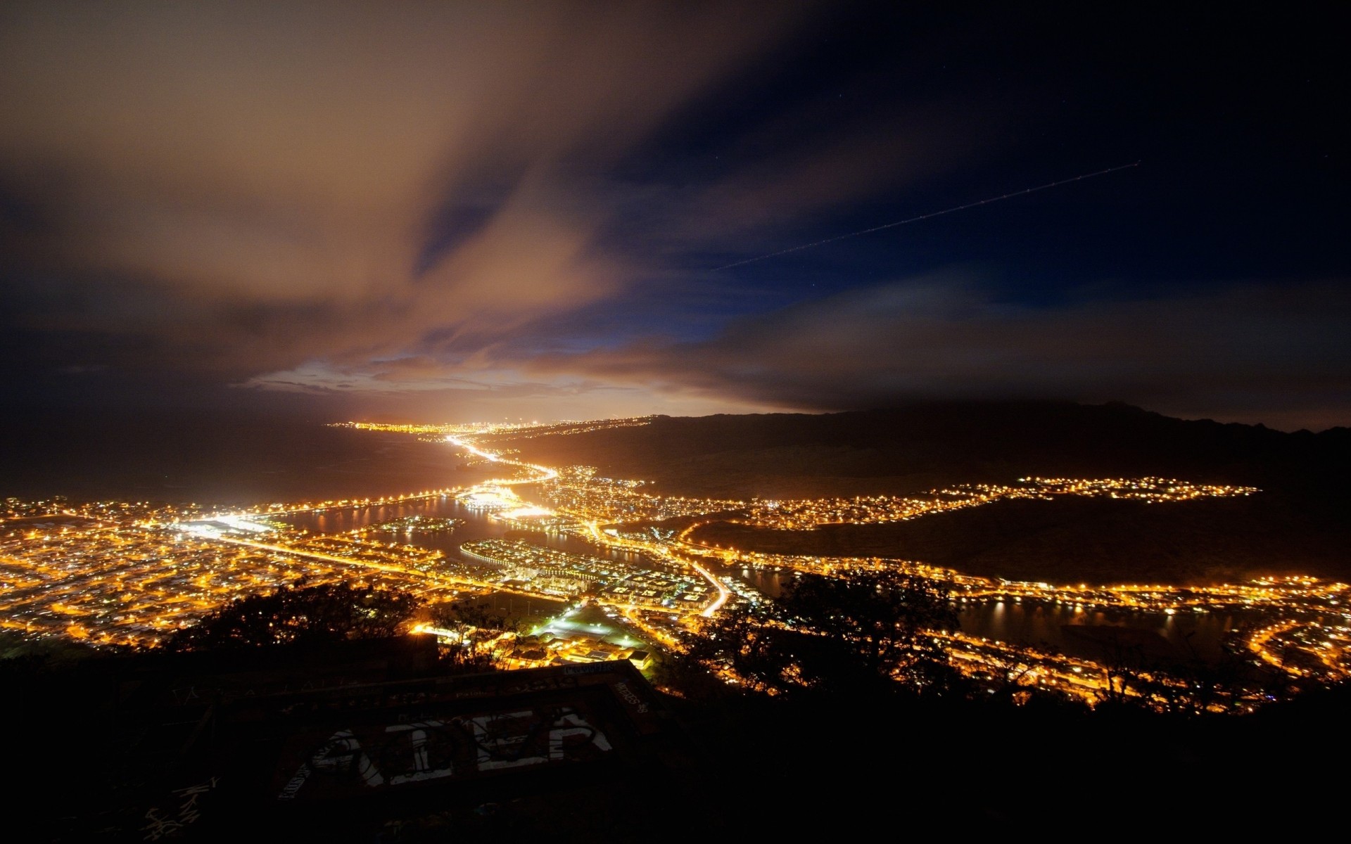 lights night town top view sky