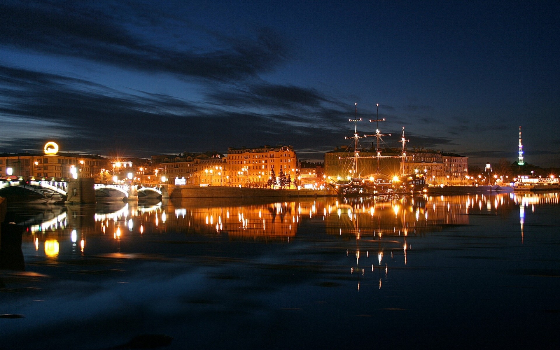 light river night town