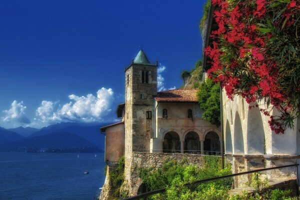 Monastery of Santa Caterina del Sasso in the mountains of Italy