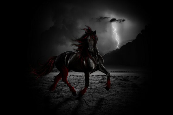 Horse at night on the background of lightning