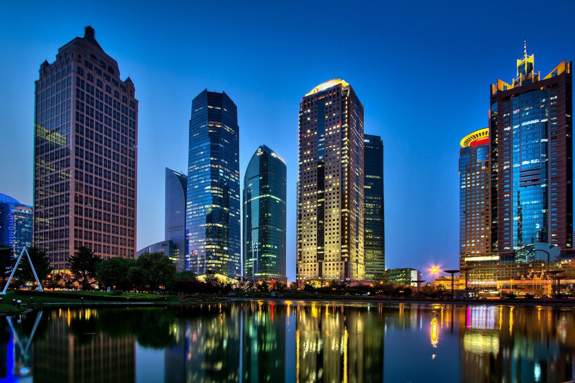 huangpu river china skyscrapers shanghai reflection building night city