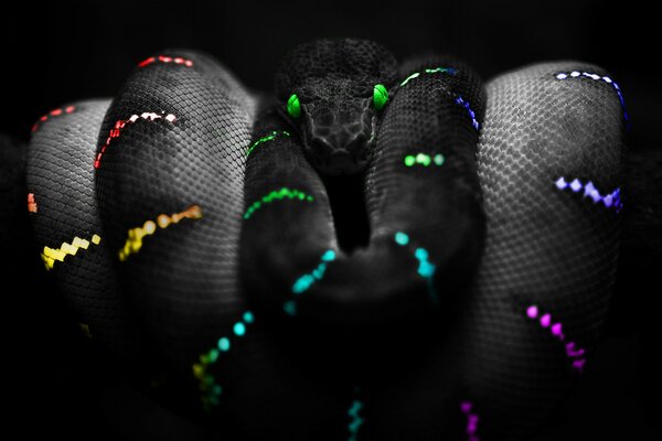 Schwarze Schlange mit Neon-Muster auf schwarzem Hintergrund