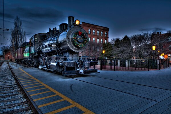 Boston railroad locomotive at night