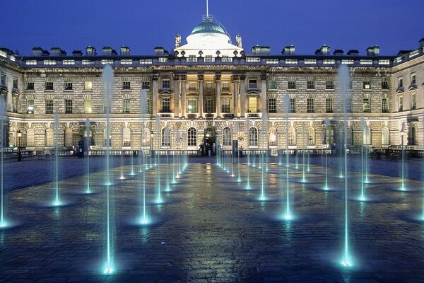 Blue fountain at night