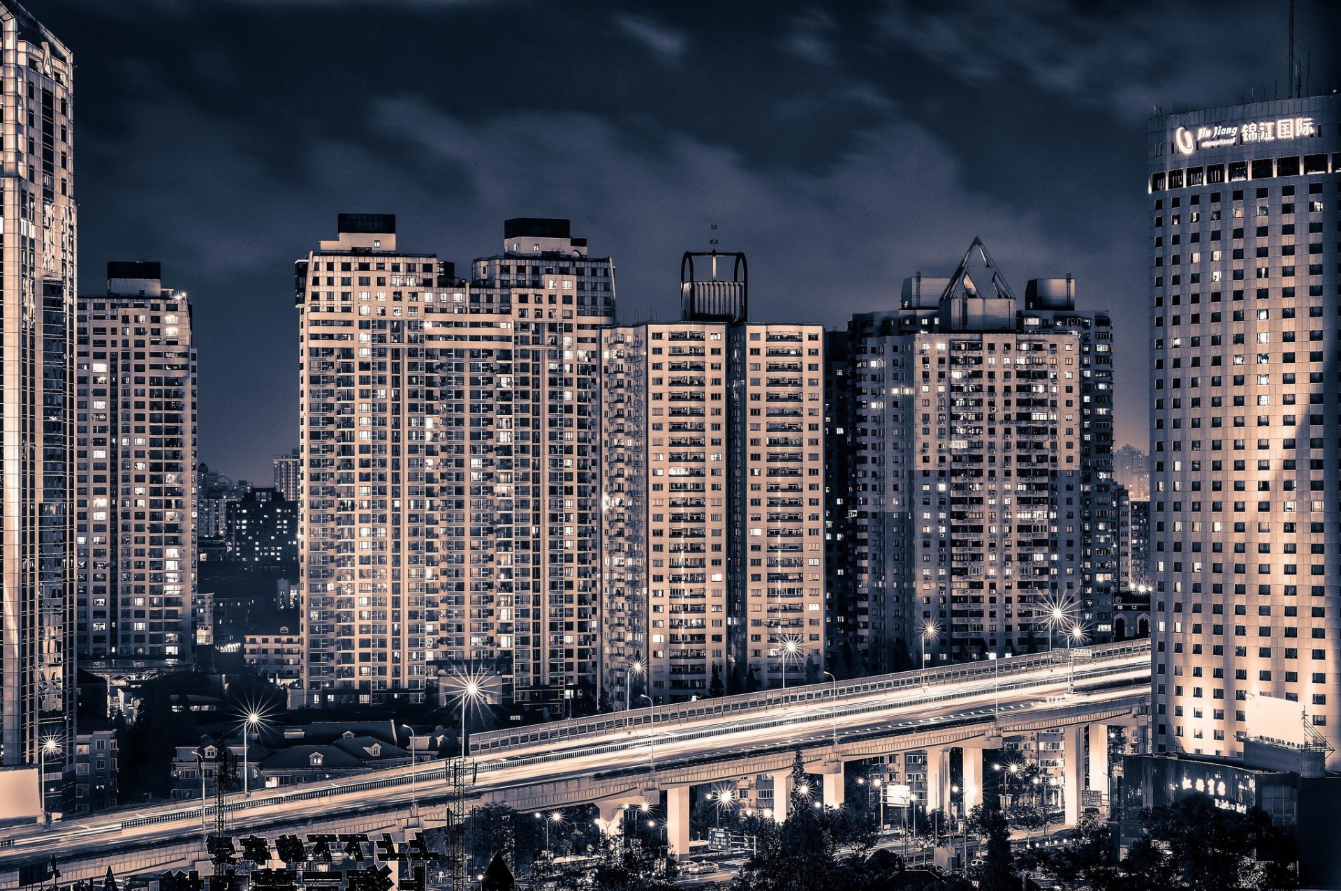 china shangai paso elevado edificio ciudad de la noche